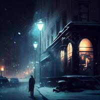 Snowfall in the city. Silhouette of a man in a coat on the background of the night city., Image photo