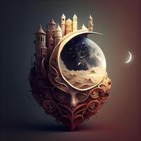 Mystical background with mosque and moon. 3D illustration., Image photo