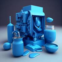 3d illustration of abstract blue composition with vase of liquid soap, Image photo