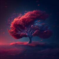 conceptual imagen de un resumen rojo árbol en un oscuro fondo, ai generativo imagen foto