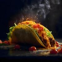 Tacos with meat, cheese and vegetables on a black background, Image photo