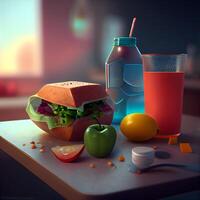 rápido comida concepto con hamburguesa, jugo y fruta. 3d representación, ai generativo imagen foto