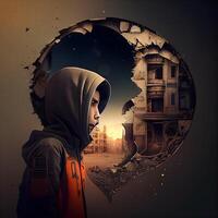 Muslim woman in hijab looking through hole in wall. Ramadan Kareem concept, Image photo