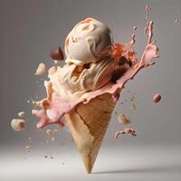 ice cream splashing from a waffle cone on a dark background, Image photo