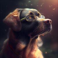 Digital painting of a labrador retriever dog with glasses on a dark background., Image photo