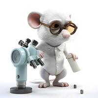 3D illustration of a cute cartoon mouse scientist with a microscope and a flask, Image photo