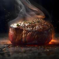 Grilled beef steak with spices and smoke on a black background., Image photo