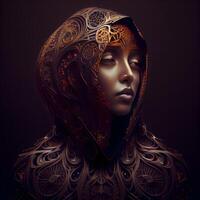 Beautiful girl in a hood with a pattern on her face., Image photo