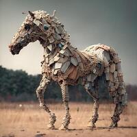 Horse made of wood in the middle of the field. Toned., Image photo