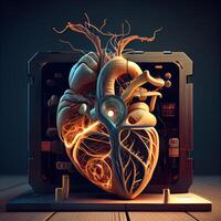Human heart in front of a computer monitor. 3D illustration., Ai Generative Image photo