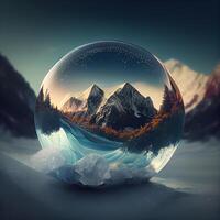 Snow globe with mountains in the background. 3D rendering. Winter landscape, Image photo