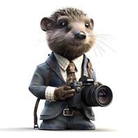 Hedgehog photographer with camera. Isolated on white background., Image photo