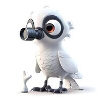 White owl with binoculars on a white background. 3d illustration, Image photo