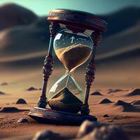 Hourglass in sand desert. Time passing concept. 3d rendering, Image photo