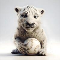 Cute white snow leopard with baseball ball on a gray background, Image photo