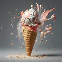 ice cream in a waffle cone with splashes on a black background, Image photo