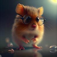 linda pequeño ratón en lentes en un oscuro antecedentes. 3d representación, ai generativo imagen foto