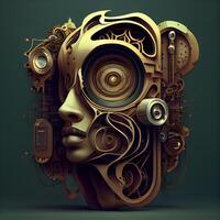 Abstract 3d illustration of a female face with metal gears on a dark background., Image photo