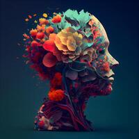 Human head with colorful flowers on dark background. 3D illustration., Image photo