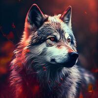 Portrait of a wolf on a background of an autumn forest., Image photo