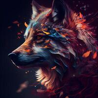 Digital painting of a wolf in red and blue colors with fire particles, Image photo