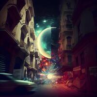 Conceptual image of the moon rising over the city at night, Image photo