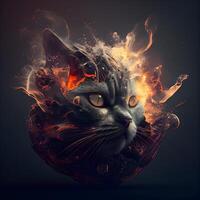 Fantasy portrait of a cat with fire and smoke on a dark background, Image photo