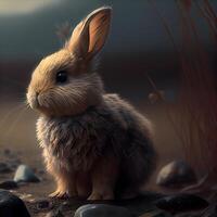 Rabbit sitting on a rock by the river. Digital painting., Image photo