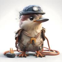 Funny cartoon penguin in a cap with headphones. 3d illustration, Image photo