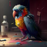 Colorful parrot with a bottle of vodka on the background., Image photo