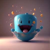 Cute blue ice cube with funny face. 3D rendering., Image photo