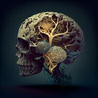 Human brain with a tree in the center. 3D illustration., Image photo