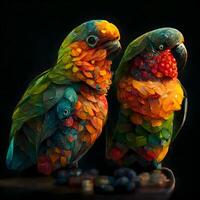 Colorful parrots on a dark background. Tropical parrots., Image photo