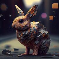 3d rendering of a golden rabbit on a dark background with cubes, Image photo