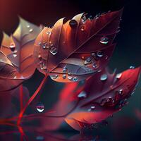 Beautiful red leaves with dew drops on a dark background., Image photo