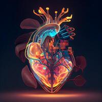 Human heart in neon light on dark background. 3D illustration., Image photo