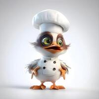 3d representación de un linda dibujos animados pingüino cocinero con cocinero sombrero, ai generativo imagen foto