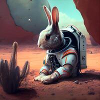 3D rendering of a rabbit astronaut sitting on a desert planet., Image photo