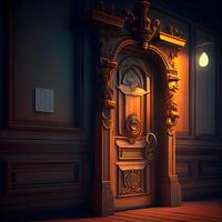 3d representación de un antiguo puerta en un oscuro habitación con un lámpara, ai generativo imagen foto