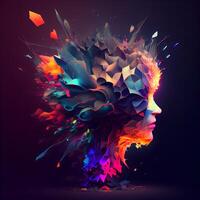 Abstract human head made of colorful polygonal shapes. illustration., Image photo