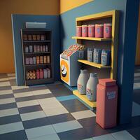 supermarket shelf with dairy products in blue and yellow tones, 3d render, Image photo