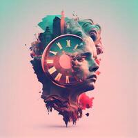 Double exposure portrait of woman face and clock. Time concept. 3D Rendering, Image photo