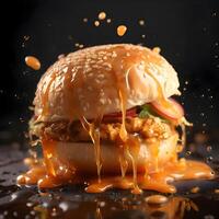 Burger with flying ingredients and splashes on a black background., Image photo