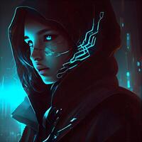 Futuristic portrait of futuristic woman. Cyberpunk style. 3d rendering, Image photo