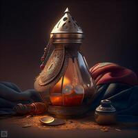 Ramadan Kareem greeting card with kerosene lamp and golden coins, Image photo