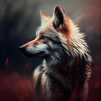 Portrait of a wolf in a dark forest. Digital painting., Image photo