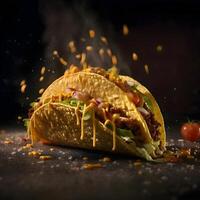 Taco with meat, cheese and vegetables on a black background., Image photo