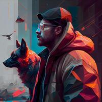 retrato de un hombre con un perro en el ciudad. ilustración., ai generativo imagen foto