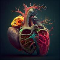 Human heart with circulatory system on dark background. 3d illustration, Image photo