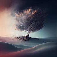 3d illustration of abstract winter landscape with tree and snowdrift, Image photo